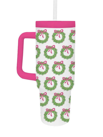 40 oz to go pink wreath tumbler with straw