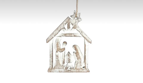 Whitewash nativity wooden ornament