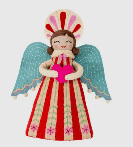 Felt angel tree topper with brown hair and heart