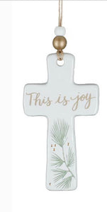 Ceramic cross with “joy” ornament
