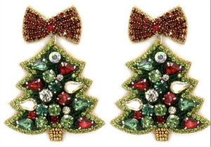 Christmas Tree with Red Bow Beaded Earrings