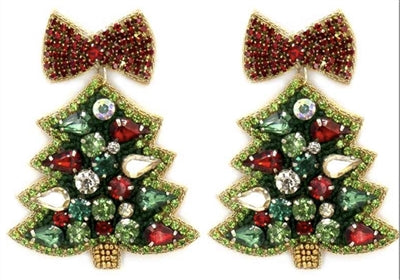 Christmas Tree with Red Bow Beaded Earrings
