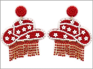 Red and White Cowboy Hat Beaded Earrings