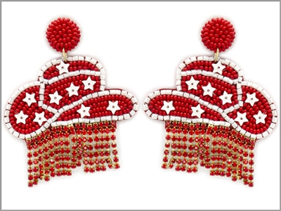 Red and White Cowboy Hat Beaded Earrings