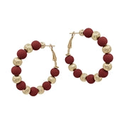 Maroon and Gold Beaded Hoop Earrings