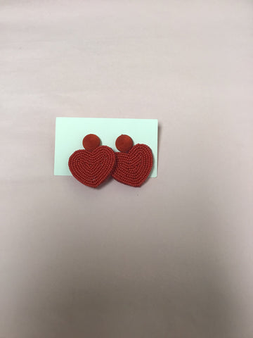 Red Seed Beaded Heart Earrings