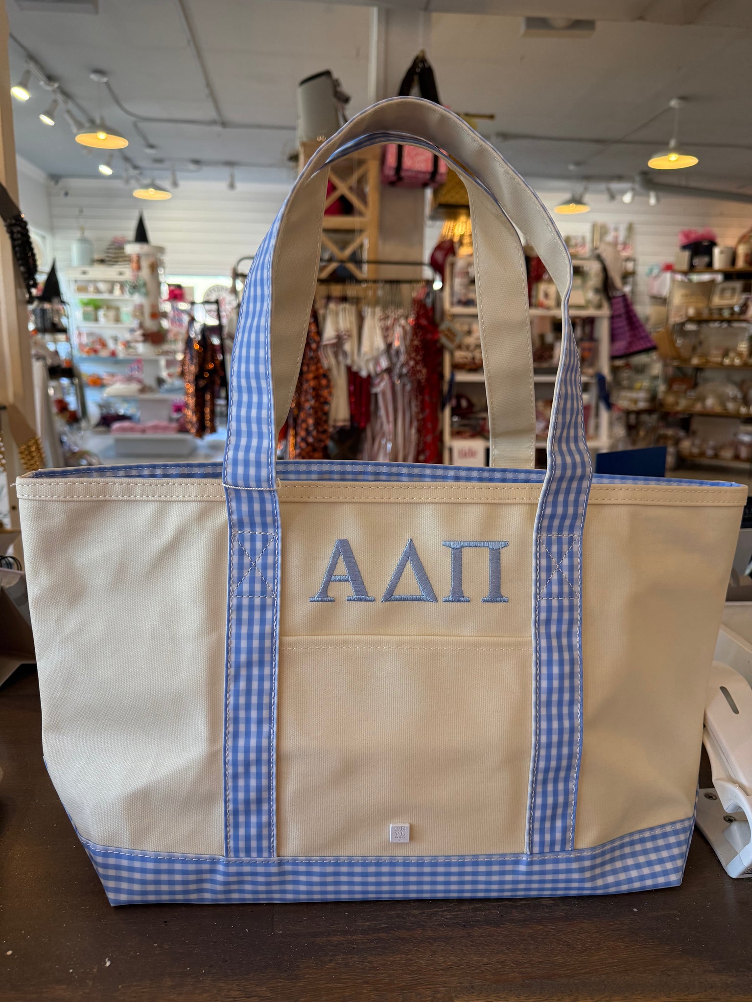 ADPi monogrammed TRVL Medium Coated Tote Sky Blue