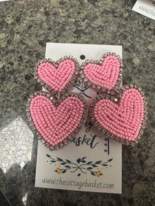 Pink beaded double heart earrings