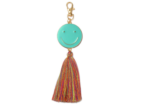 Turquoise Enamel Happy Face Disc with Multi Rainbow Tassel Keychain Jane Marie