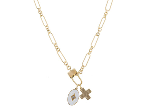 16" White Enamel Oval with Gold Diamond Center and Clear Crystal, Gold Square Cross Necklace Jane Marie