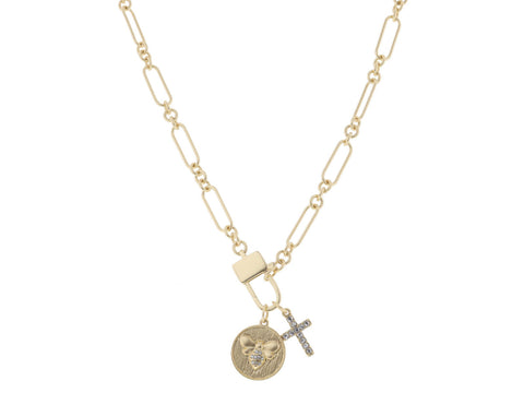 6", Gold Disc with Raised Bee with Clear Crystal Accents, Clear Crystal Cross Necklace, 3" Ext. Jane Marie