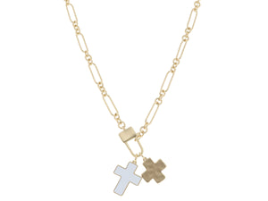 16", White Enamel Cross, Gold Square Cross Necklace, 3" Ext. Jane Marie
