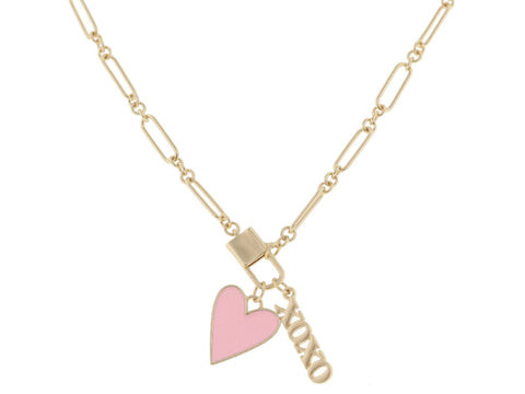 Kids 14" Gold Lobster Claw, Light Pink Enamel Heart, Gold "XOXO" Bar Necklace, 3" Ext. Jane Marie