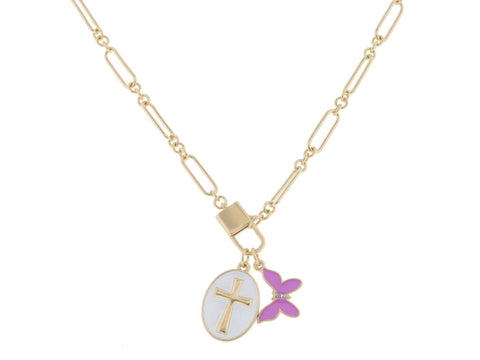 Jane Marie Kids 14" Lobster Claw, Cross on White Oval, Lavender Butterfly Necklace, 3" Ext.