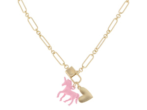 Jane Marie Kids 14" Gold Lobster Claw, Light Pink Dipped Unicorn, Gold Sideways Heart Necklace, 3" Ext.