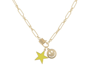 Kids 14" Gold Lobster Claw, Yellow Enamel Star, Gold Happy Face Necklace, 3" Ext. Jane Marie