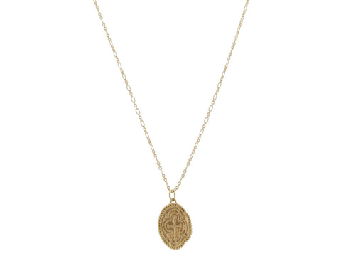 Gold Oval Studded Square Cross Coin Necklace, 1" Pendant