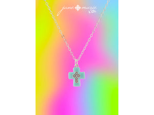 Kids Light Blue Enamel with Moonstone Crystal Cross Necklace, .5" Pendant