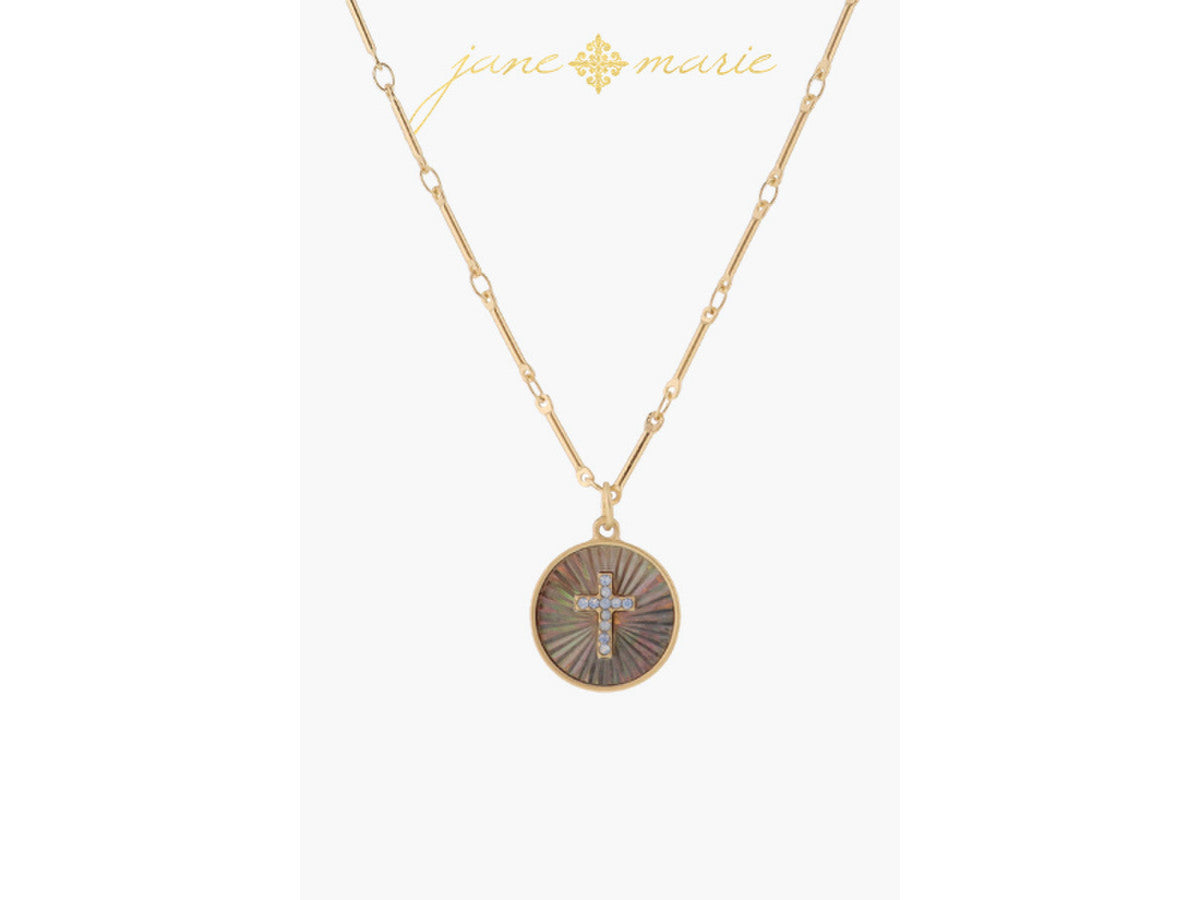 Grey Starburst Shell Inlay Disc with Moonstone Cross Necklace, .65" Pendant Jane Marie