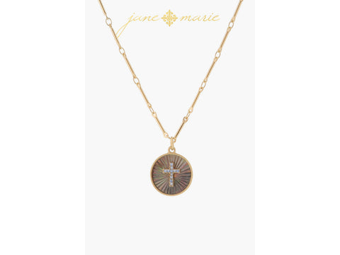 Grey Starburst Shell Inlay Disc with Moonstone Cross Necklace, .65" Pendant Jane Marie