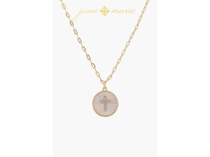 White Starburst Shell Inlay Disc with Moonstone Cross Necklace, .65" Pendant Jane Marie
