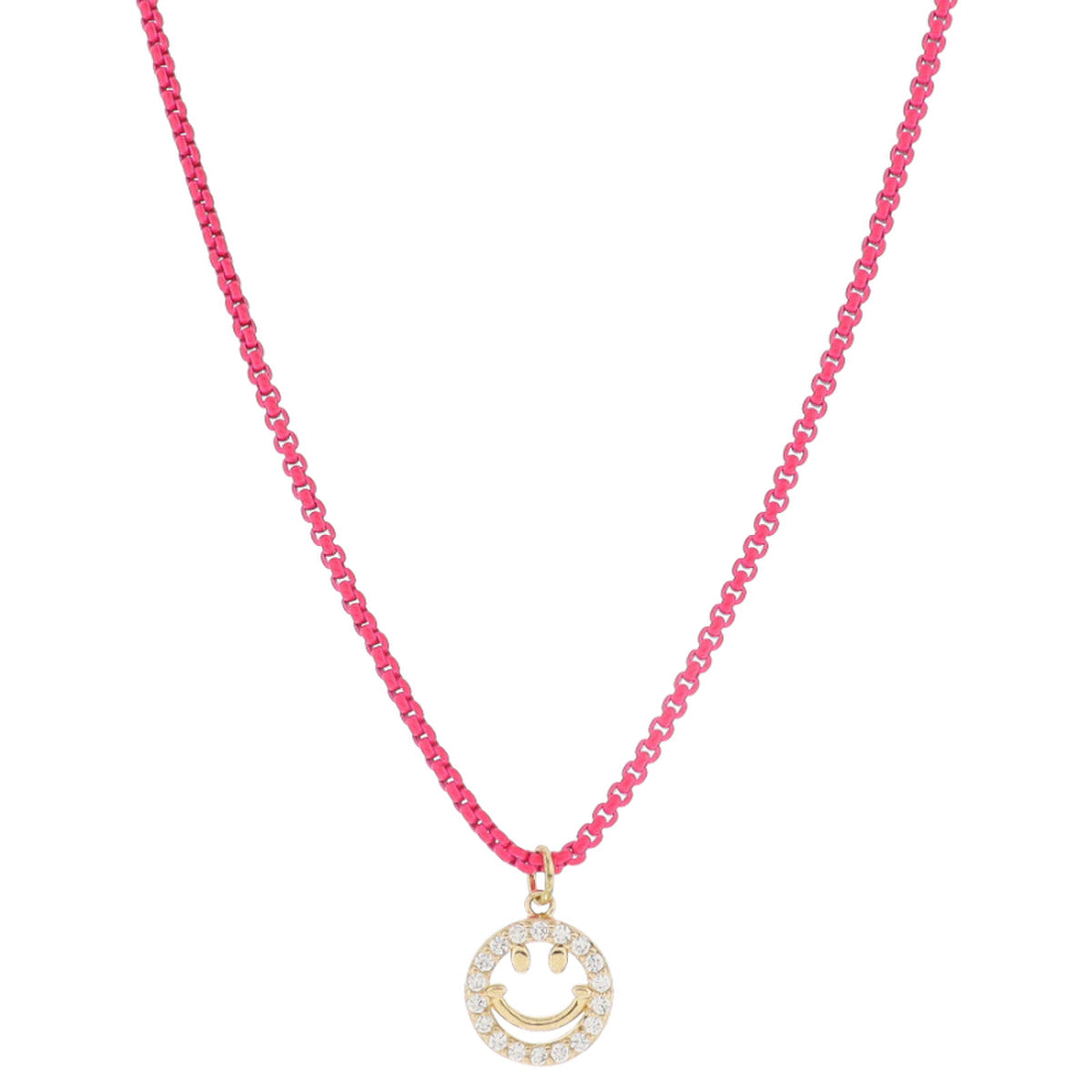 Kids Hot Pink and Crystal Happy Face Necklace