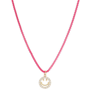 Kids Hot Pink and Crystal Happy Face Necklace