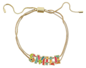 Kids Multi Enamel Colorblock "SMILE" on Double Gold Box Chain Bracelet Jane Marie