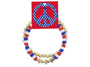 Set of 2, Red, White, Blue Sequins with 3 Gold Star Beads, Beaded Stretch Bracelet, 8" Around Jane Marie