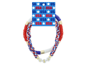 Set of 2, Patriotic Speckled Sequins "USA" and Stars, Colorblock Sequins Stretch Bracelet, 8" Around Jane Marie