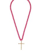 Long Wooden Beaded Necklace with Cross