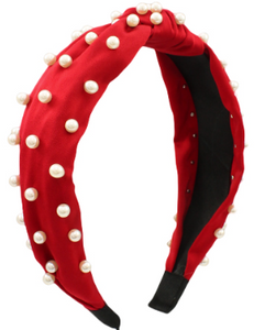 Red Satin with Pearls Headband