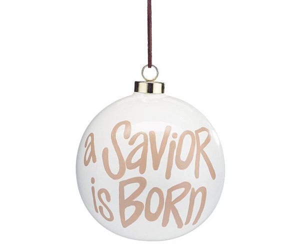 White Ceramic Ball Manger/A Savior Is Born Ornament