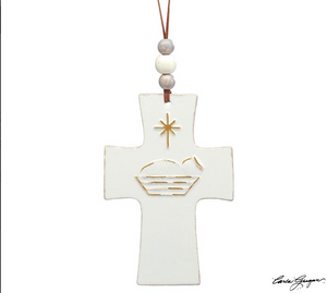 Ceramic Cross  For Unto Us A Child Is Born/Gold Baby Jesus Ornament