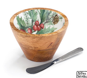 Wooden Dip Bowl with Holly