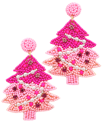 Two-Tone Pink Beaded Christmas Tree Earrings