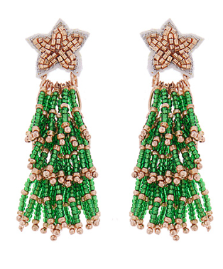 Green and Gold Fringe Christmas Tree Beaded Earrings