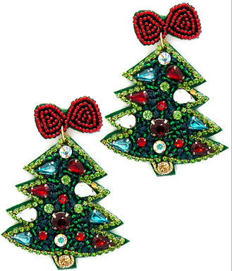 Beaded Christmas Tree with Red Bow Earrings