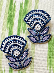 Beth Ladd Navy Block Print Flower Beaded Earrings