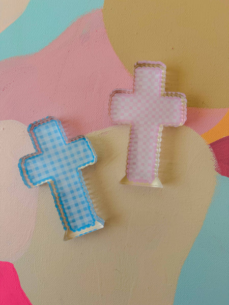 Mini Plaid Acrylic Cross Shelfie: Blue