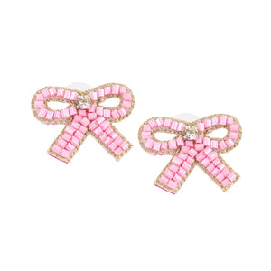 Bows Beaded Earrings   Pink   2"