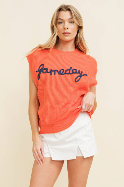 'GAMEDAY" EMBROIDERED SLEEVELESS SWEATER VEST: Burnt Orange