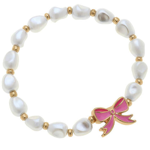 Child's Pearl and Pink Enamel Bow Bracelet