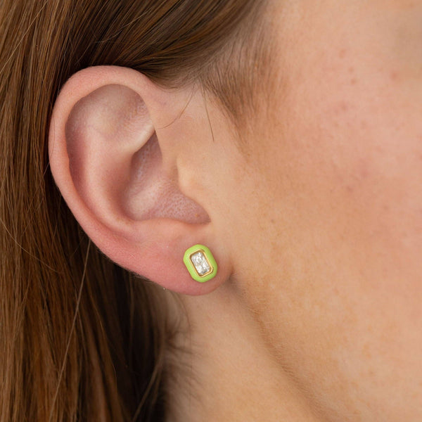 Emerald Enamel Gemstone Stud - Hypoallergenic, Flat Back: Pink / Pair