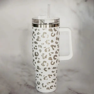 Black METALLIC Leopard Tumbler Cup with Straw