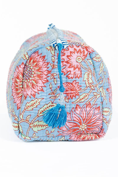 Light Blue w/  Floral print Quilted Cotton Toiletry Bag Set