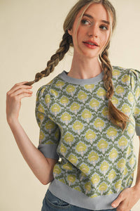 FLORAL PATTERN SHORT SLEEVE SWEATER LT BLUE SAGE MULTI