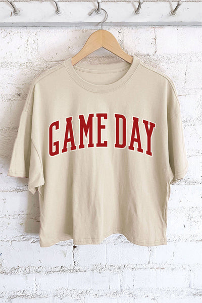 GAME DAY PUFF GRAPHIC LONG CROP TOP: NATURAL