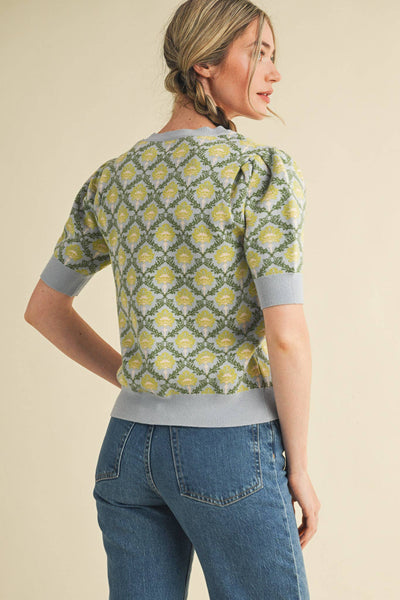 FLORAL PATTERN SHORT SLEEVE SWEATER LT BLUE SAGE MULTI