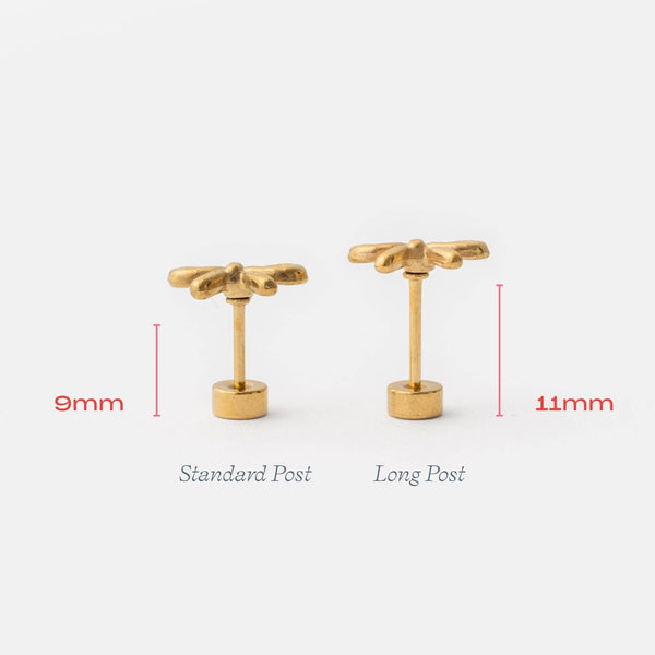 Bow Long Post Gold Stud - Hypoallergenic, Flat Back, Girl : Pair
